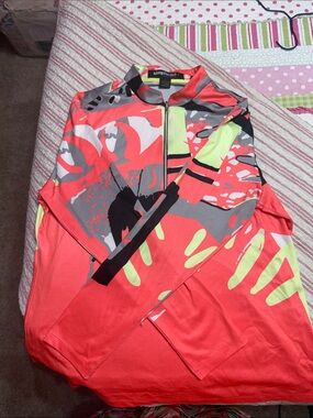 Simplicity Coral & Neon Yellow Abstract Zip Bomber Jacket